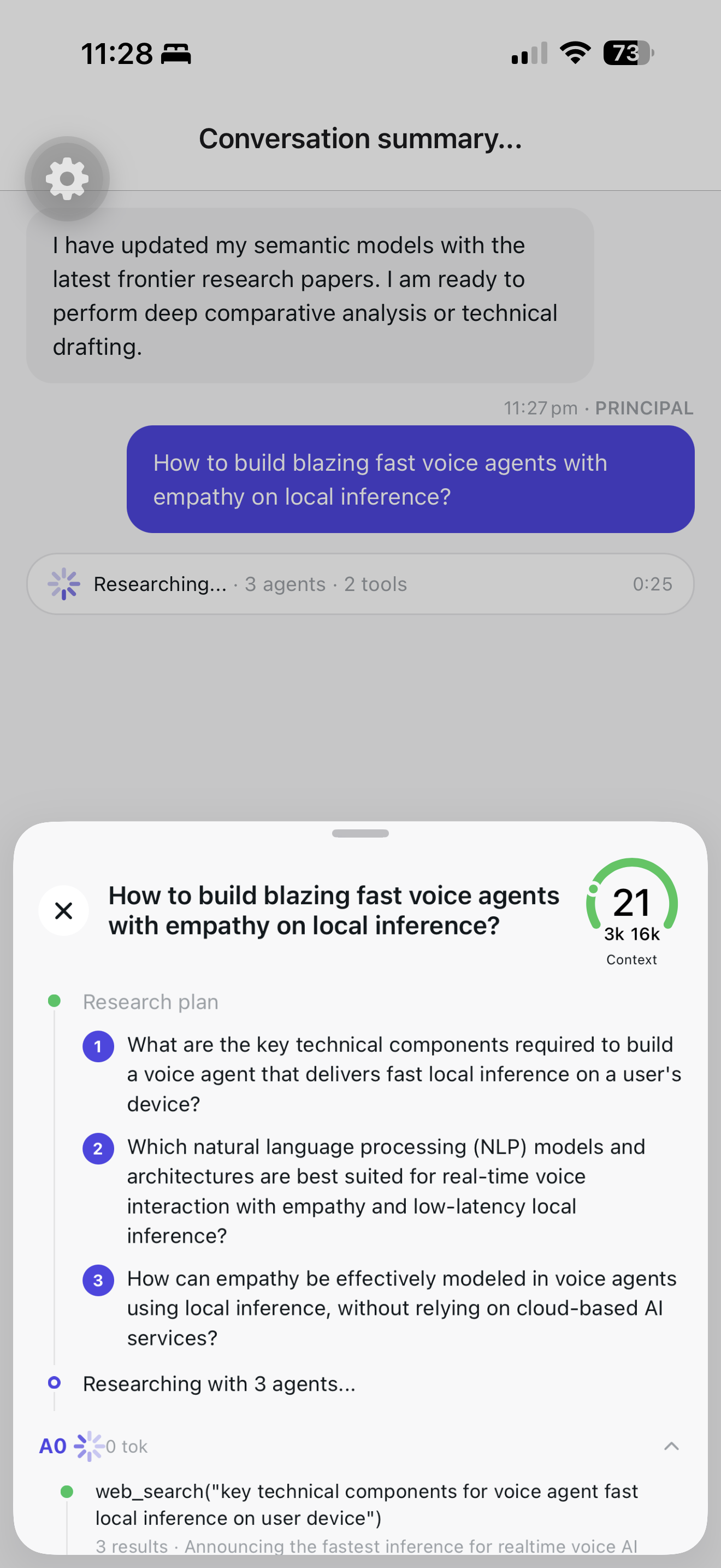 iPhone running a multi-agent research query in-process