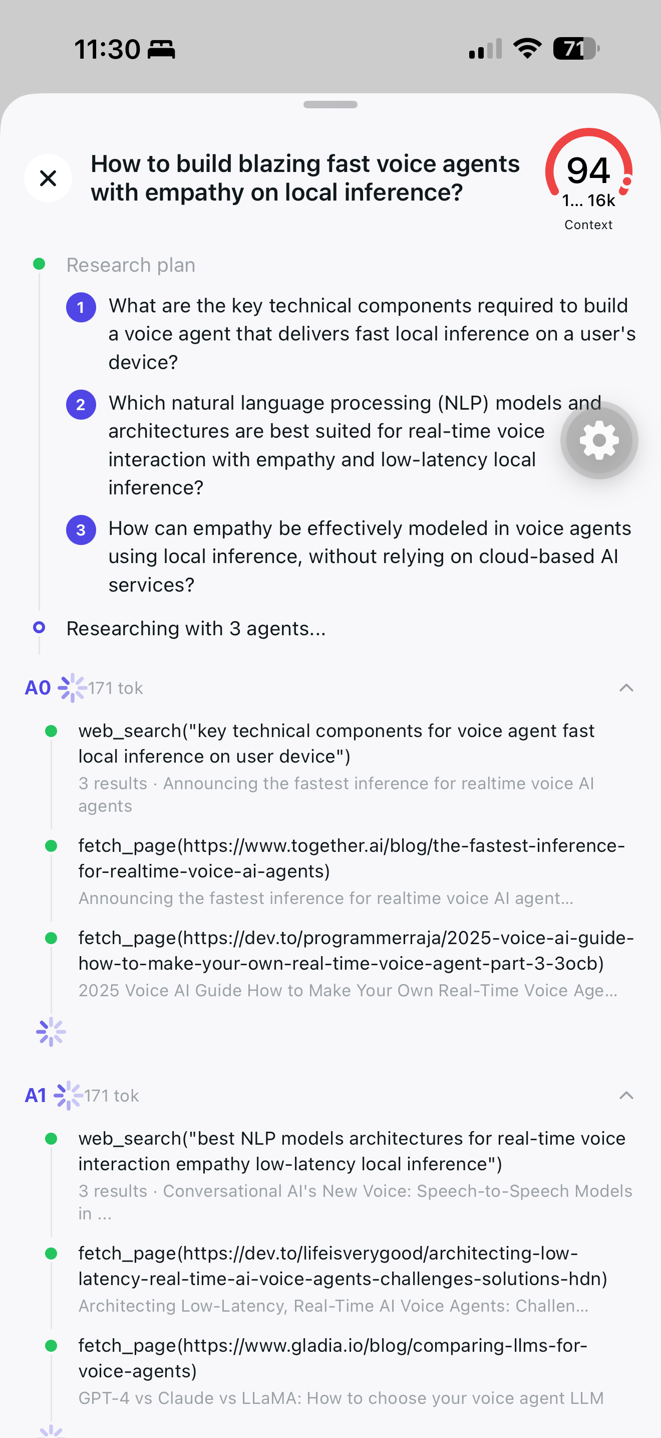 Two agents running web_search and fetch_page in parallel on iPhone